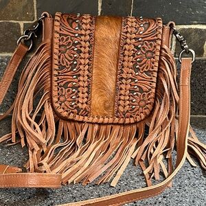 Montana West Brown Crossbody Bag with Fringe and Floral Design